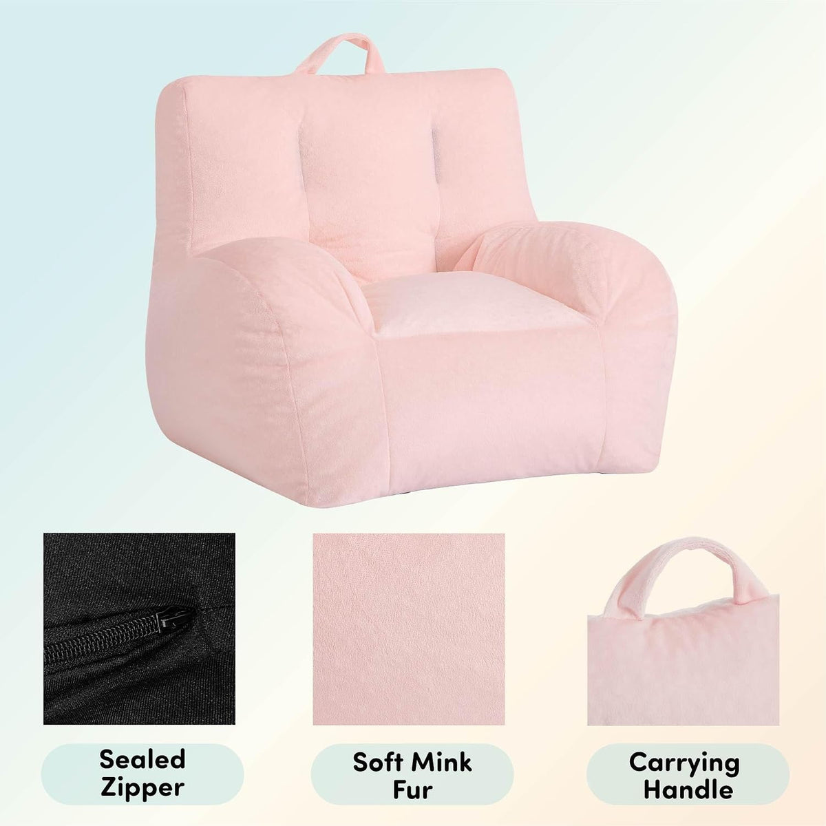 Heritage Kids Pod Square Back Kids Bean Bag Chair, Soft Plush Lounge Seat for Bedroom or Playroom, Blush