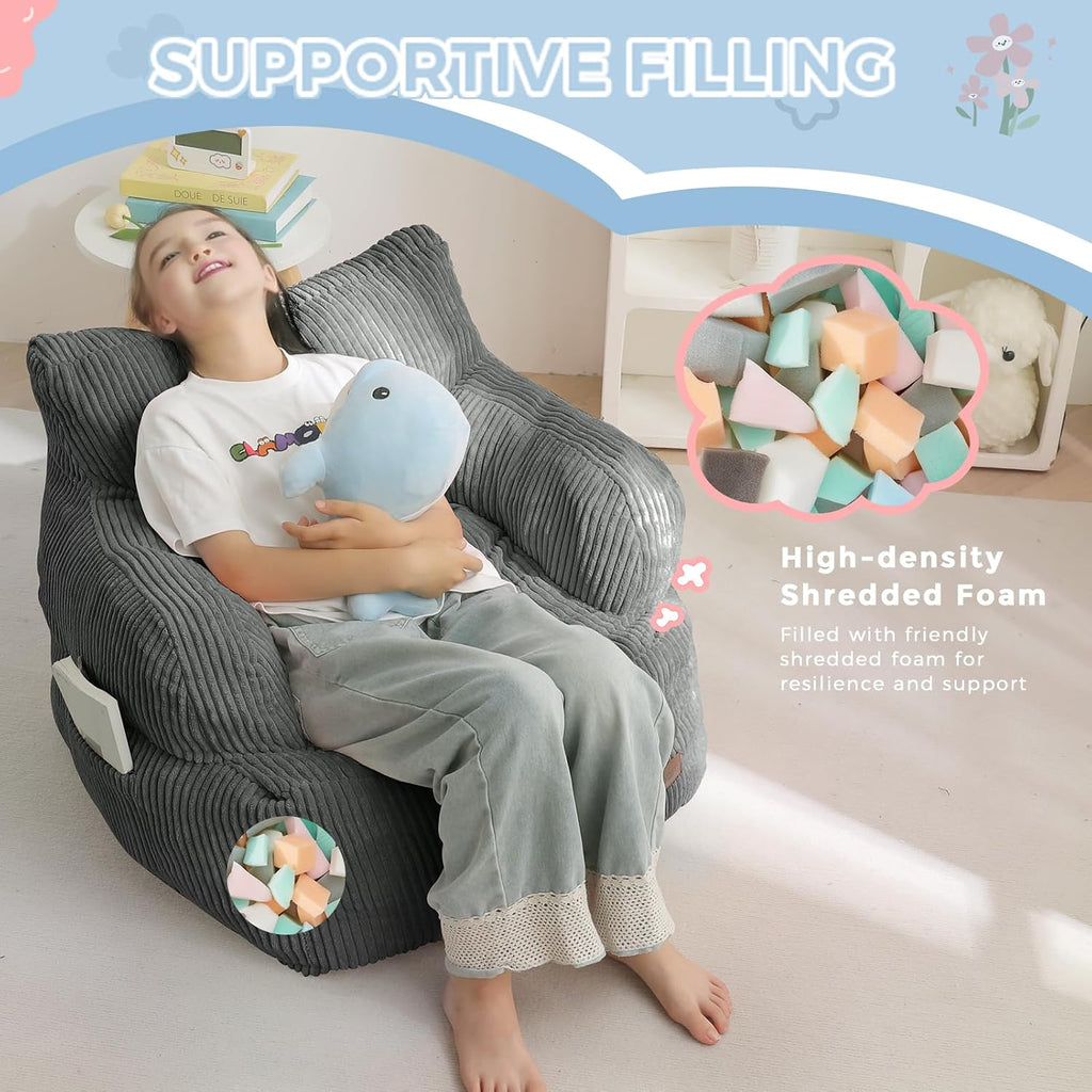 MAXYOYO Kids Bean Bag Chair, Stuffed Bean Bag Sofa, Dark Grey, Standard