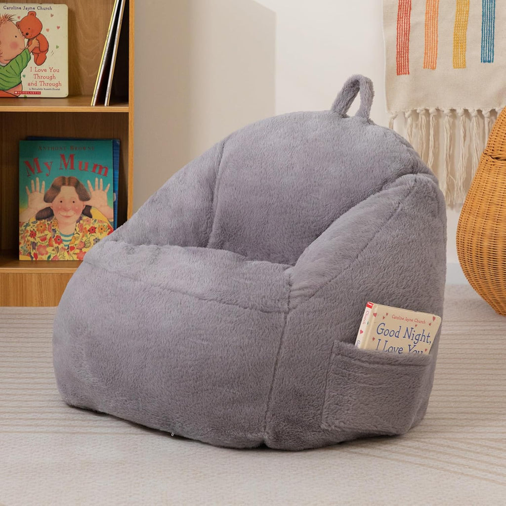 ALIMORDEN Kids Bean Bag Chair, Grey Plush Bean Bag Sofa with Filler, Cozy & Adorable Seating for Children's Bedroom/Playroom