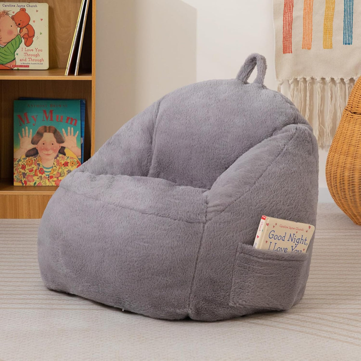 ALIMORDEN Kids Bean Bag Chair, Grey Plush Bean Bag Sofa with Filler, Cozy & Adorable Seating for Children's Bedroom/Playroom