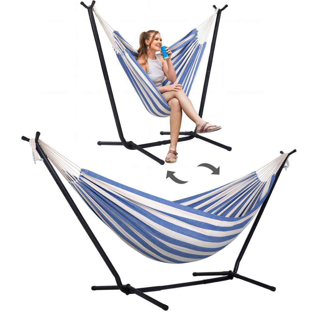 SUNCREAT 2-in-1 Hammocks Hammock Chair with Stand, Patented, Blue Stripe