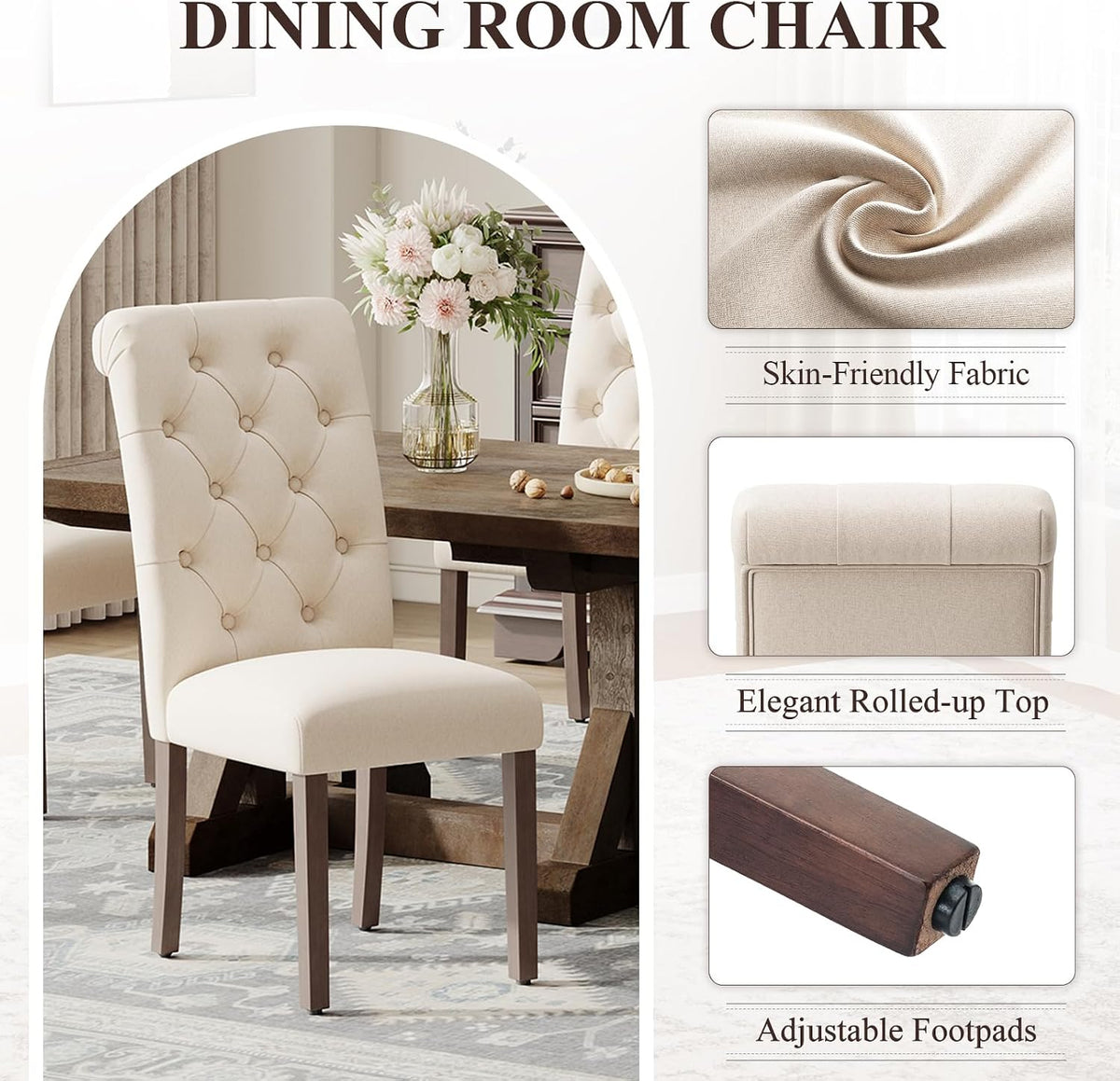 MALOL Upholstered Tufted Dining Room Chairs Set of 4, Parsons Kitchen Chairs with Padded Seat and Solid Wood Legs, Fabric Accent Side Diner Chair for Dining Room/Kitchen/Living Room, Beige