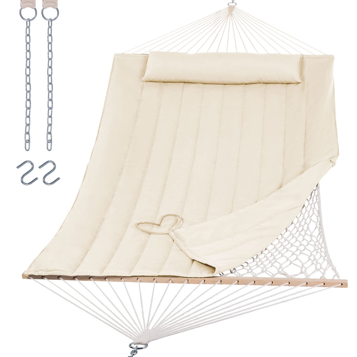 SUNCREAT 2 Person Hammock with Hardwood Spreader Bar, Outdoor Rope Hammock with Polyester Pad, 475 lbs Capacity, Beige