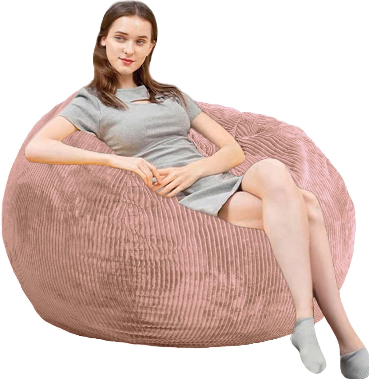 Fluffy Bean Bag Chair for Kids, 2.5FT Round Memory Foam Filled Bean Bag for Teens & Kids, Ultra Soft Faux Fur Fabric Bean Bag Chairs for Playroom, Living Room, Bedroom,Pink