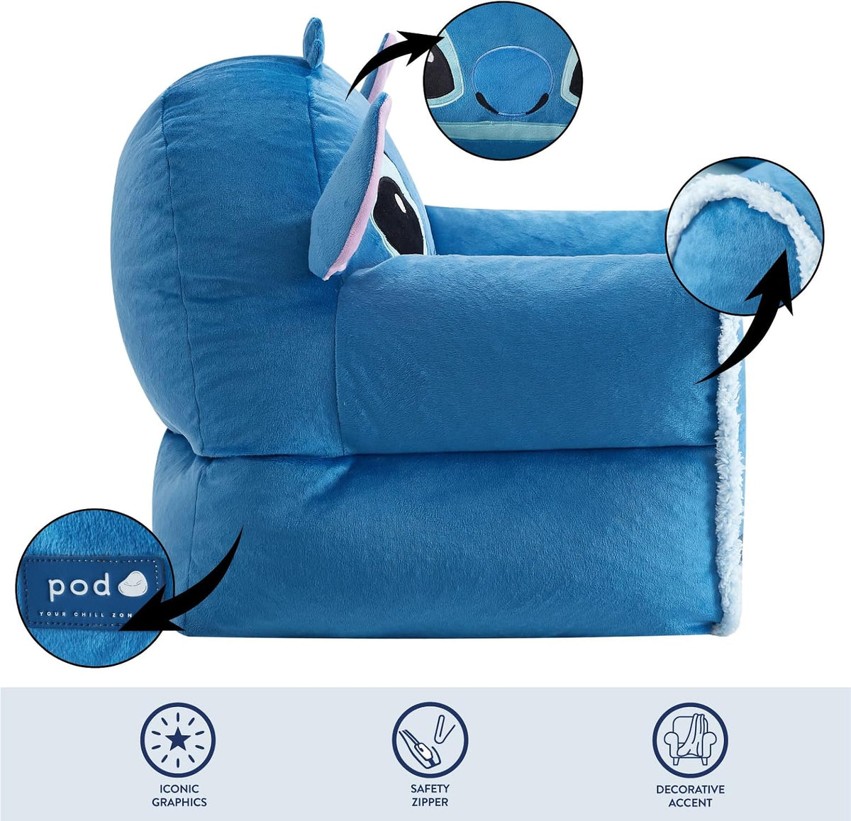 Disney Stitch Figural Bean Bag Sofa Chair with Armrests, Soft & Comfortable Kids Lounge Chair for Bedroom & Playroom, Ages 3+