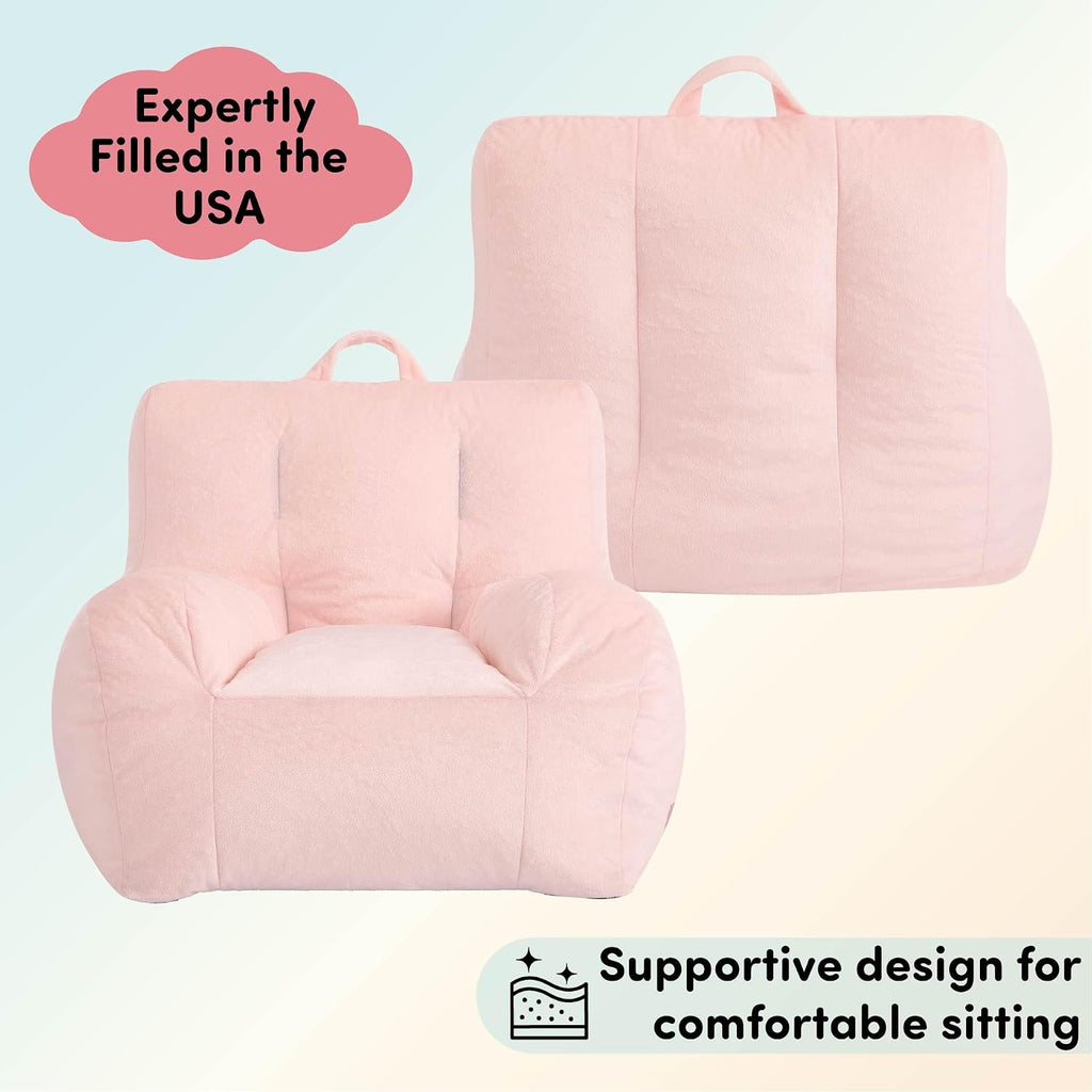 Heritage Kids Pod Square Back Kids Bean Bag Chair, Soft Plush Lounge Seat for Bedroom or Playroom, Blush