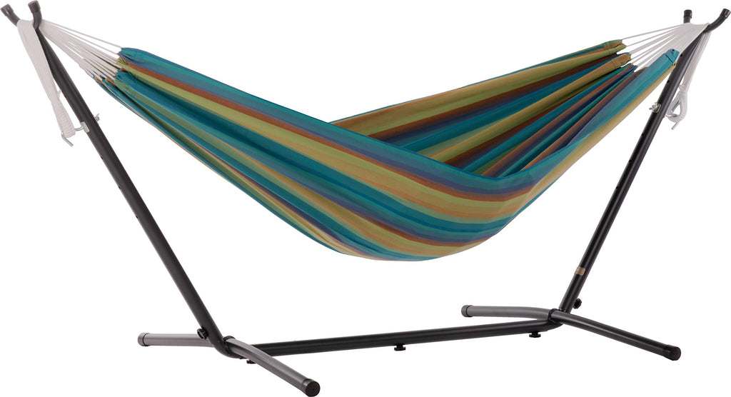 Vivere Double Cotton Hammock, Space Saving Steel Stand, Blue Lagoon, 9 Ft