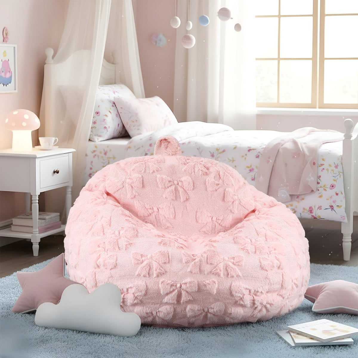 Gilprop Pink Bow Bean Bag Chair 2.6ft Stuffed Animal Storage Chair Cover