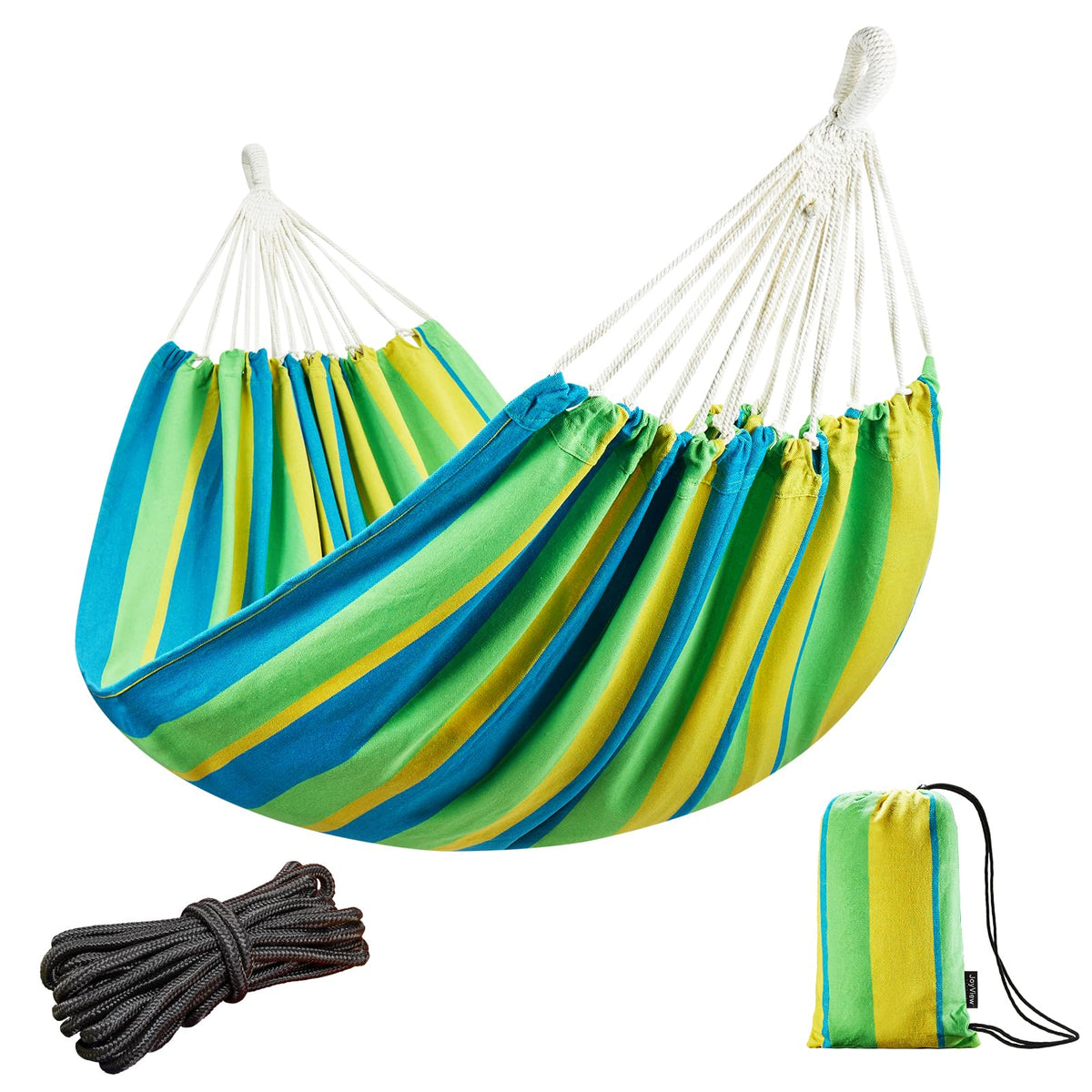 JoyView Brazilian Double Hammock with Hanging Ropes Extra Large 86.6x59” Portable Cotton Hammock for Patio Backyard Porch 450LBS Weight Capacity Perfect for Outdoor/Indoor - Color Stripes