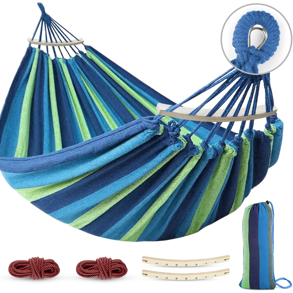 MOSFiATA Hammocks Portable Camping Hammock Upgraded 550lb Comfortable Fabric Hammock with Two Anti Roll Balance Beam and Sturdy Metal Knot Tree Straps for Camping, Patio, Backyard, Outdoor(Blue White)