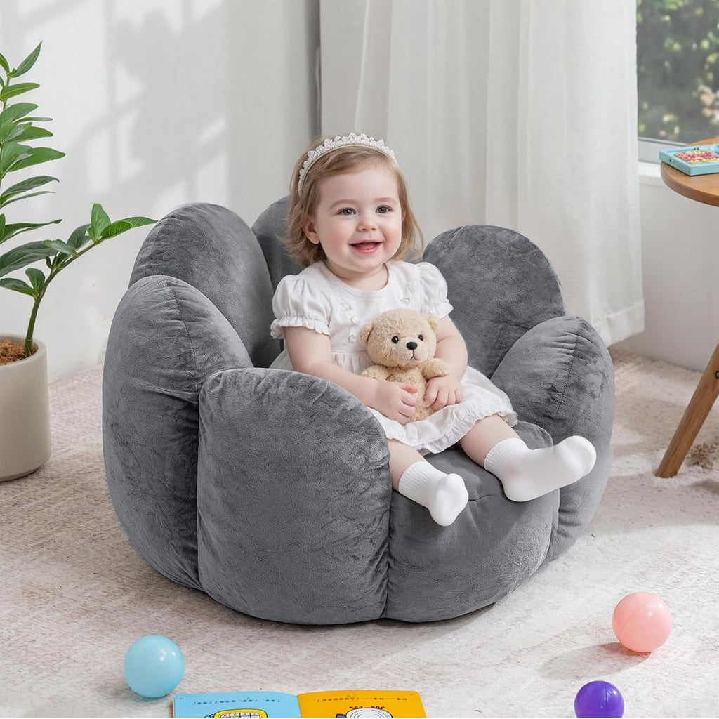 HOMMPA Kids Bean Bag Chair Flower Shape Bean Bag Sofa Comfy Velvet Bean Bag Chair for Kids Baby Lazy Floor Sofa Chair for Gaming Reading Playing Grey