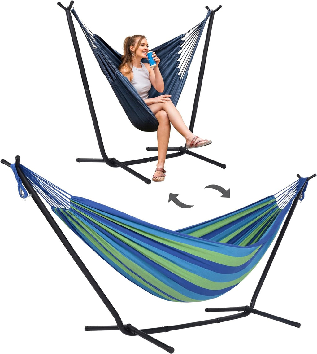 SUNCREAT 2-in-1 Hammocks Hammock Chair with Stand, Patented, Blue Stripe