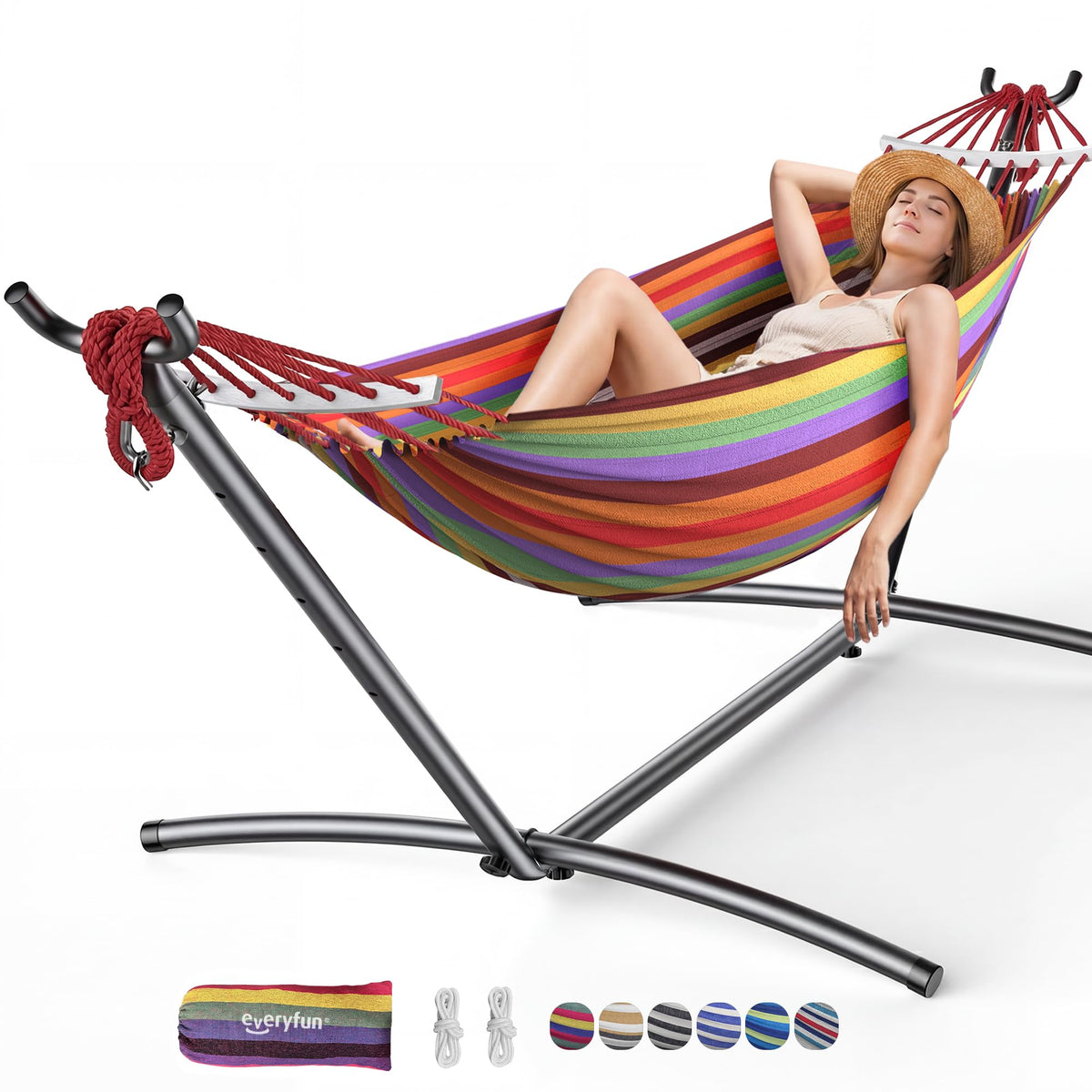 Everyfun Double Hammock with Stand for 2 Person, 600 lb Capacity, Rainbow