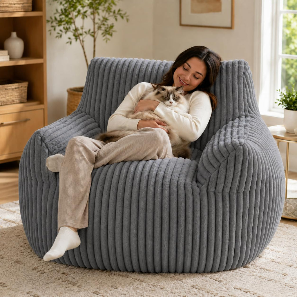 31 Inches Memory Foam Bean Bag Chair - Ultra Soft Faux Rabbit Fur Sofa with Handle & Machine Washable Cover, Comfy Lazy Chair for Kids Teens, Perfect for Reading Gaming in Living Room Bedroom，Yellow