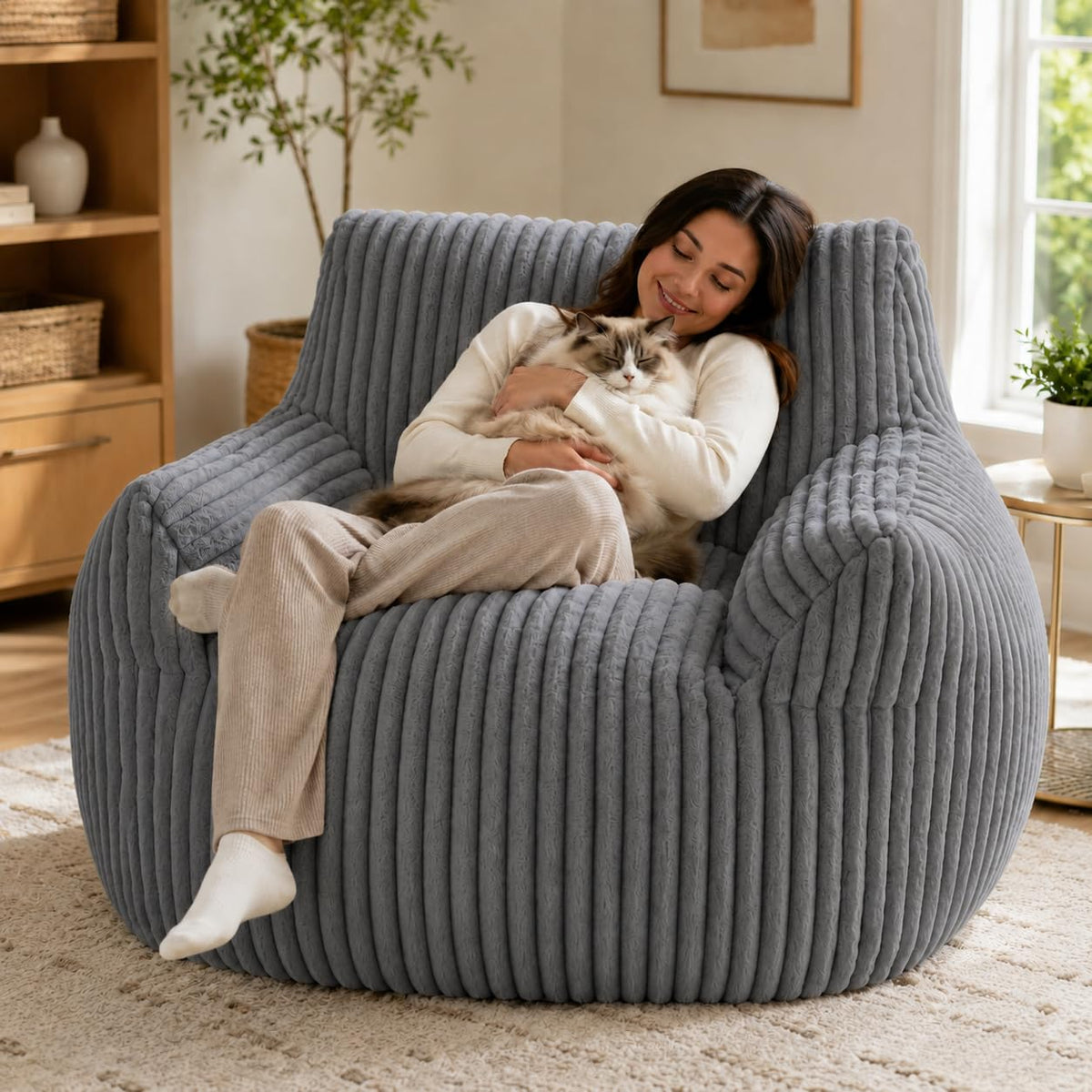 31 Inches Memory Foam Bean Bag Chair - Ultra Soft Faux Rabbit Fur Sofa with Handle & Machine Washable Cover, Comfy Lazy Chair for Kids Teens, Perfect for Reading Gaming in Living Room Bedroom，Yellow