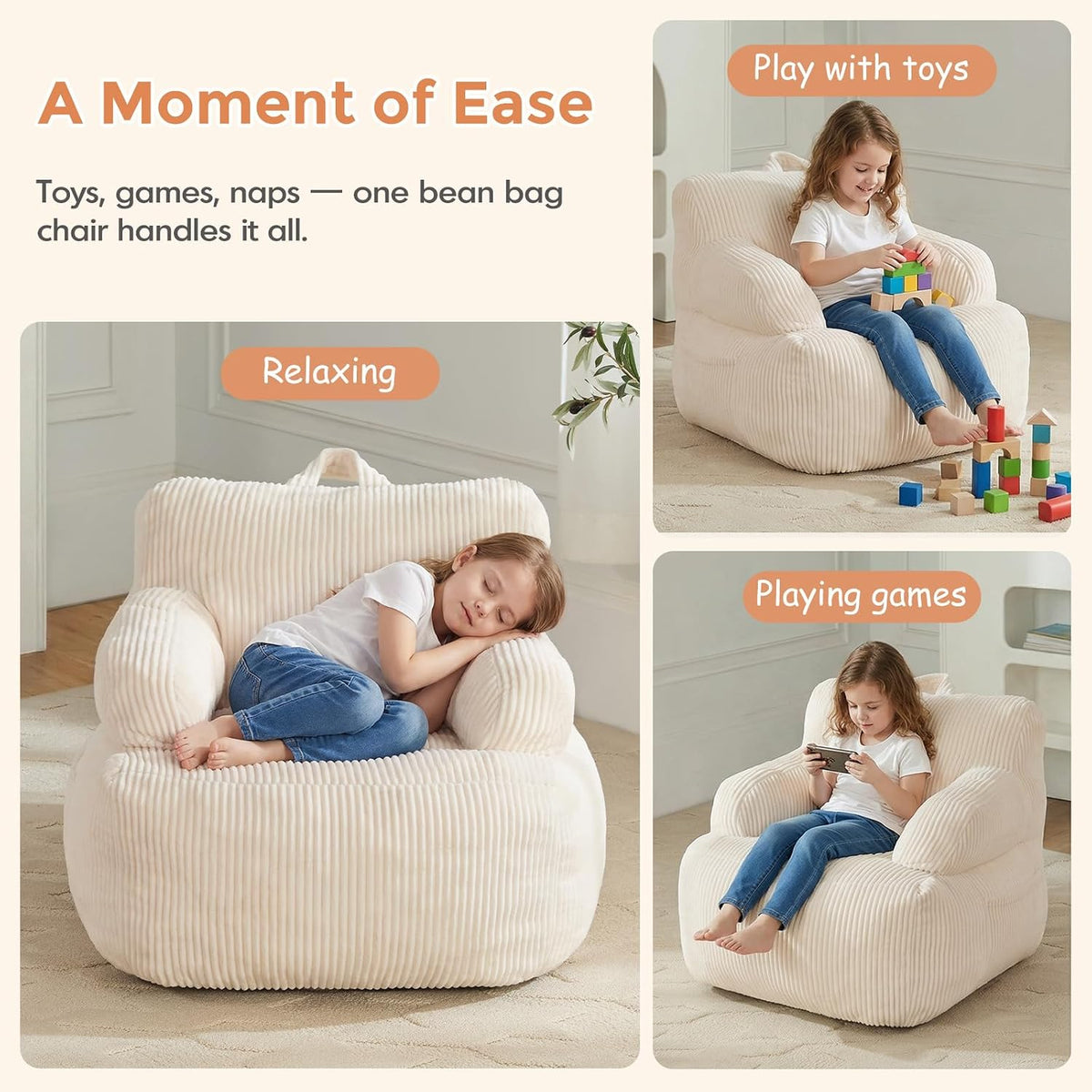 HUGHEAVEN Comfy Kids Bean Bag Chair, Stuffed Bean Bag Sofa with Armrests