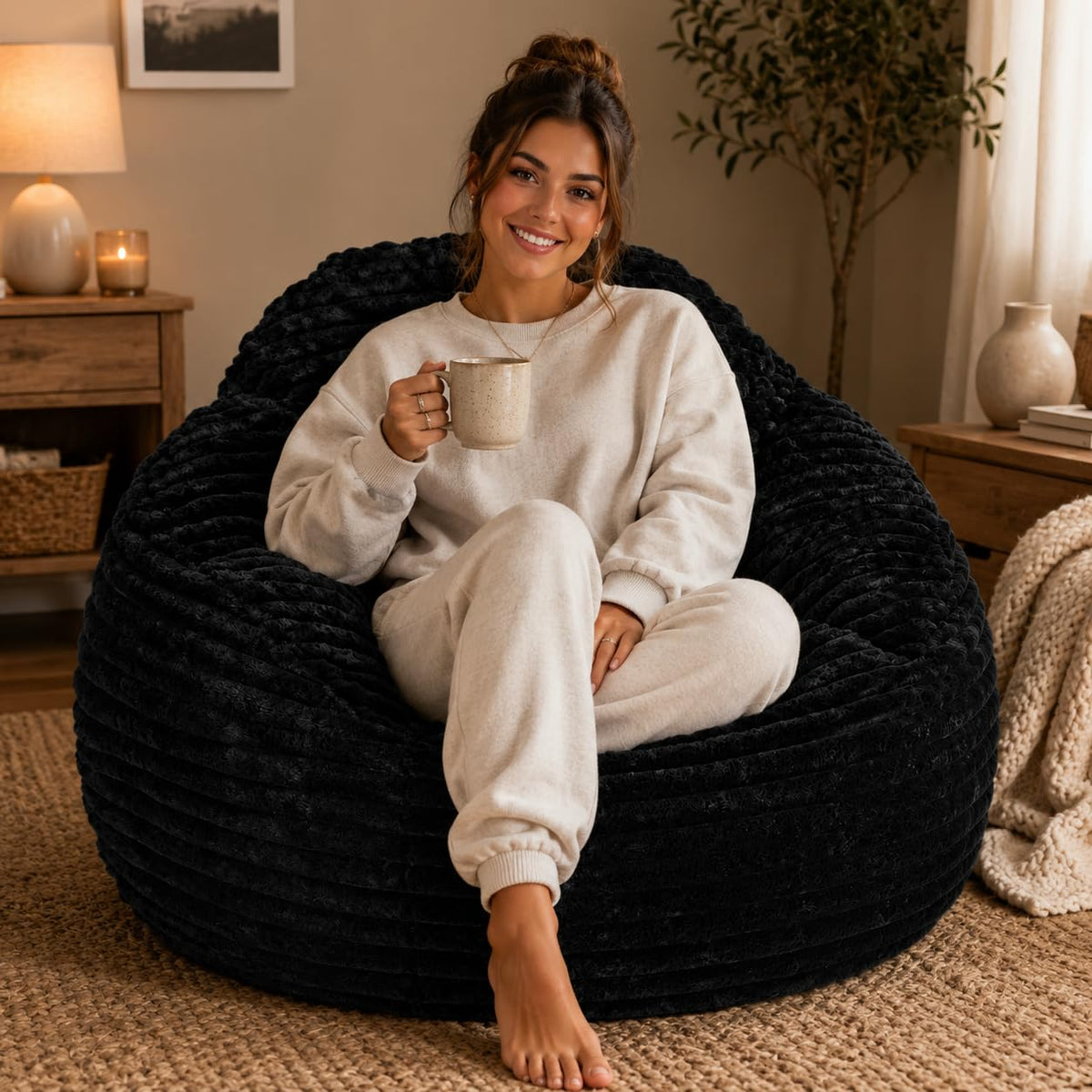 31 Inches Memory Foam Bean Bag Chair - Ultra Soft Faux Rabbit Fur Sofa with Handle & Machine Washable Cover, Comfy Lazy Chair for Kids Teens, Perfect for Reading Gaming in Living Room Bedroom，Yellow