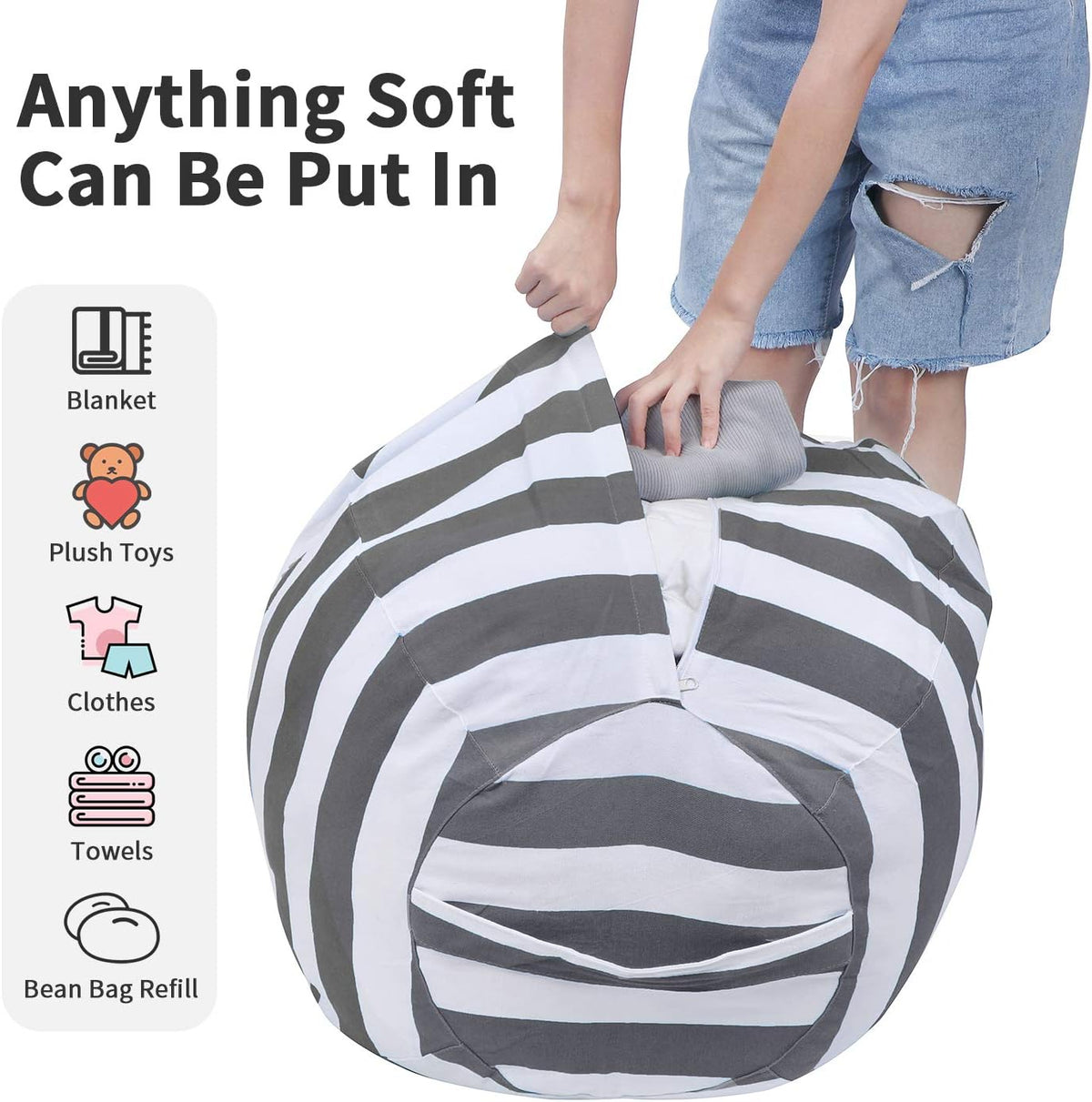 Miaowater Stuffed Animal Storage Bean Bag Chair Cover, Cotton Canvas Beanbag with Zipper for Organizing Kid's and Adults Room 24" (Grey)