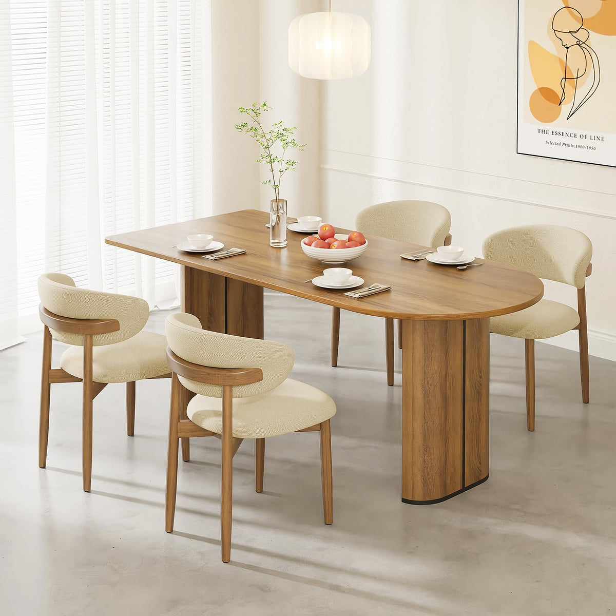 LEVELEVE Wooden Dining Chairs Set of 6,Farmhouse Kitchen Chairs with Curved Back,Modern Fabric Upholstered Chairs for Dining Room,Beige