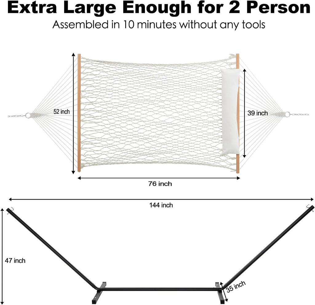 GAFETE 2 Person Rope Hammock with Stand for Outside, 12 Ft, 475 lb Capacity