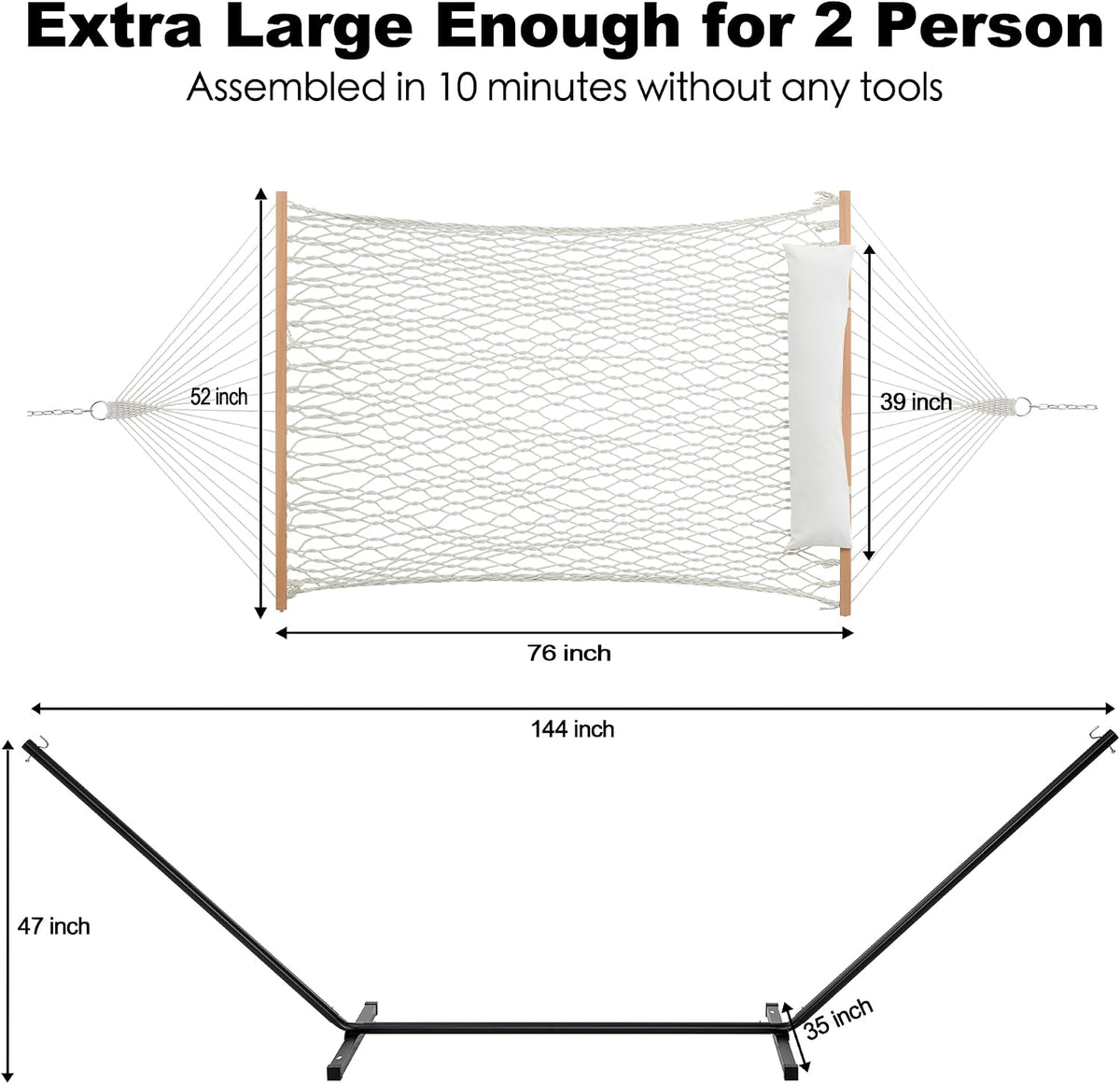 GAFETE 2 Person Rope Hammock with Stand for Outside, 12 Ft, 475 lb Capacity
