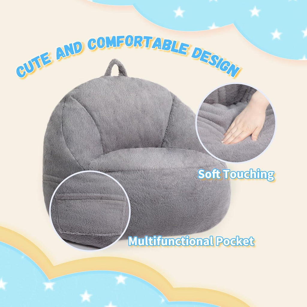 ALIMORDEN Kids Bean Bag Chair, Grey Plush Bean Bag Sofa with Filler, Cozy & Adorable Seating for Children's Bedroom/Playroom