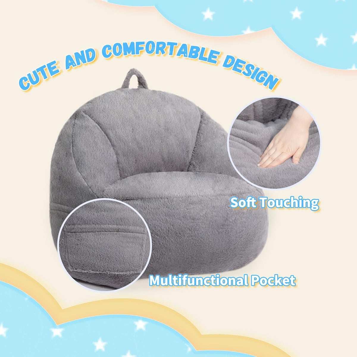 ALIMORDEN Kids Bean Bag Chair, Grey Plush Bean Bag Sofa with Filler, Cozy & Adorable Seating for Children's Bedroom/Playroom