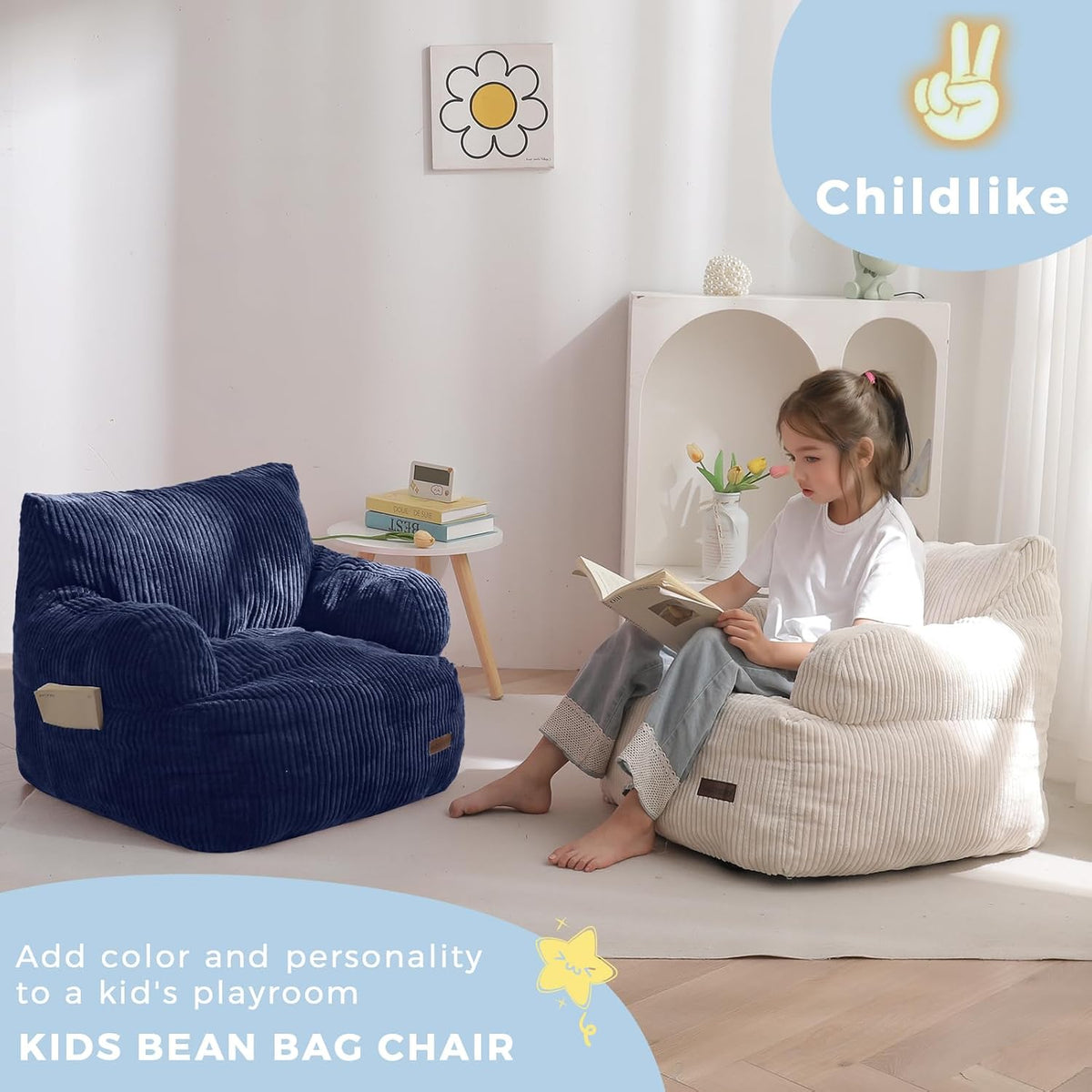 MAXYOYO Kids Bean Bag Chair, Stuffed Bean Bag Sofa, Navy, Standard