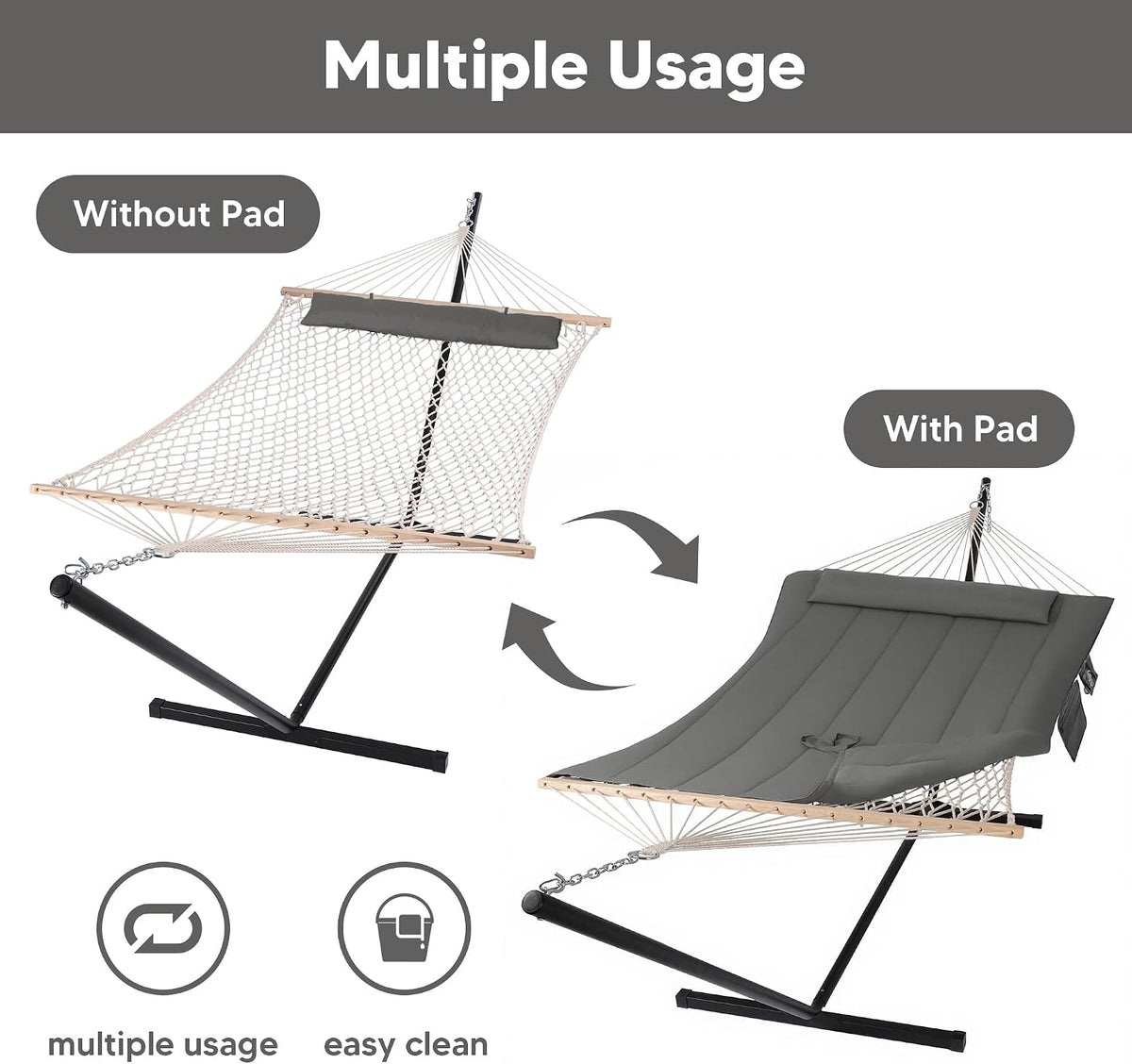 SUNCREAT Double Outdoor Hammock with Stand, Carrying Bag, Dark Gray