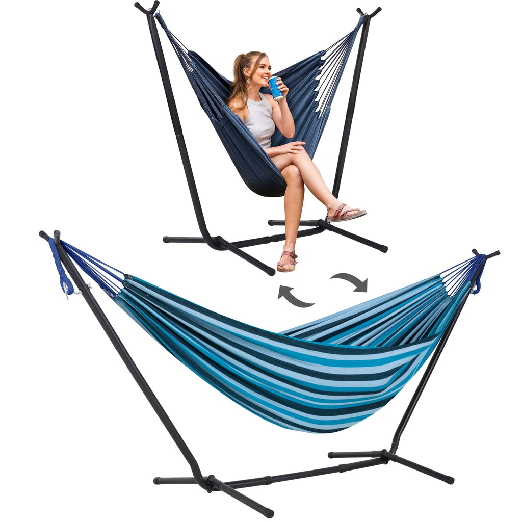 SUNCREAT 2-in-1 Hammocks Hammock Chair with Stand, Patented, Blue Stripe