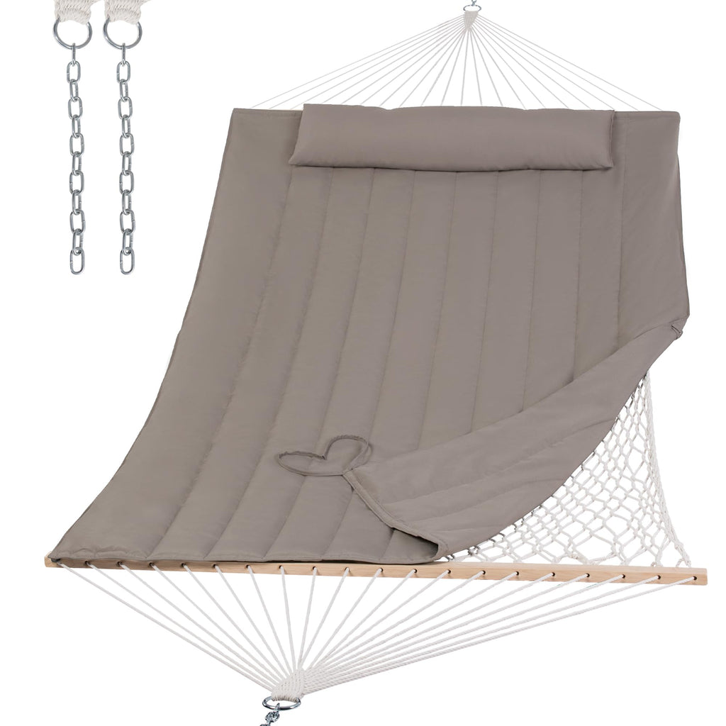SUNCREAT 2 Person Hammock with Hardwood Spreader Bar, Outdoor Rope Hammock with Polyester Pad, 475 lbs Capacity, Beige