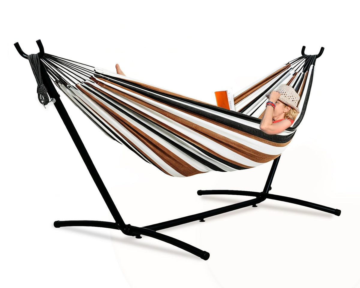 Lazy Daze Portable Hammock with Stand, Free Standing Hammocks for Indoor Outdoor Patio Yard, Has a Carrying Bag and Pillow, 9ft Steel Hamacas Heavy Duty 2 Person Amaca 450 lbs Capacity(White)