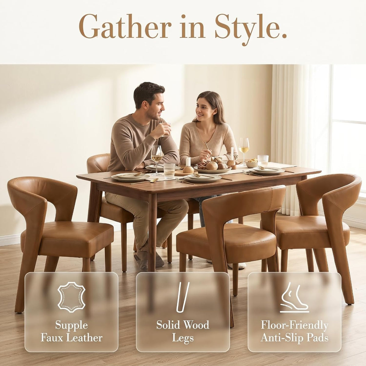 HNY Mid-Century Upholstered Dining Chairs Set of 6, Modern Brown Faux Leather Dining Room Chairs Curved Open Back Accent Side Chairs with Solid Wood Legs for Kitchen Living Room, Brown
