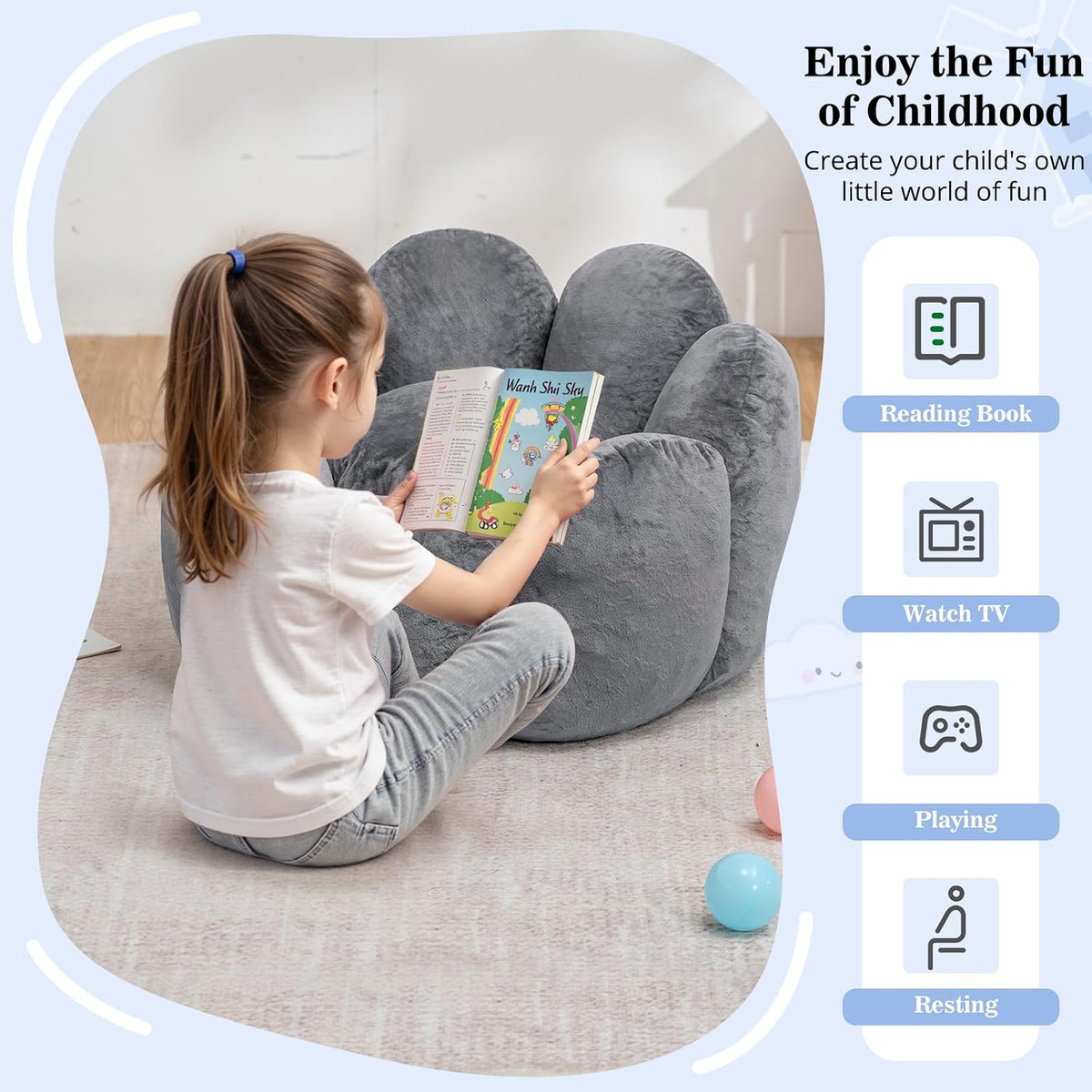 HOMMPA Bean Bag Chair for Kids Boys and Girls Comfy Beanbag Shell Shape Bean Bags Small Lazy Sofa for Living Room Bedroom Grey