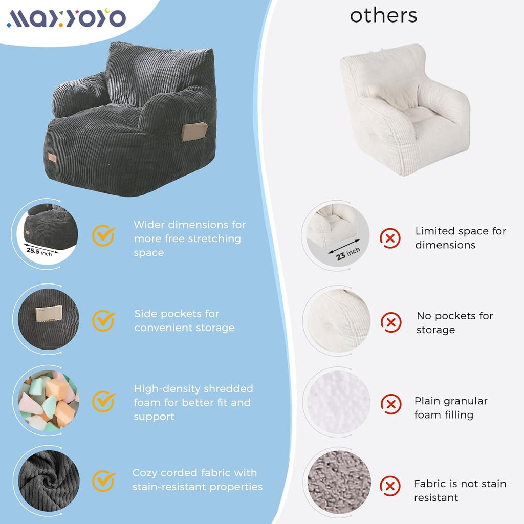 MAXYOYO Kids Bean Bag Chair, Stuffed Bean Bag Sofa, Dark Grey, Standard