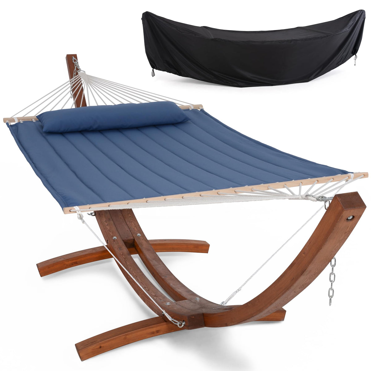 SUNCREAT Hammocks Double Hammock with 13.5 ft Wooden Stand, Hammock Cover, Outdoor Hammocks for Outside, 475 lbs Capacity, Beige