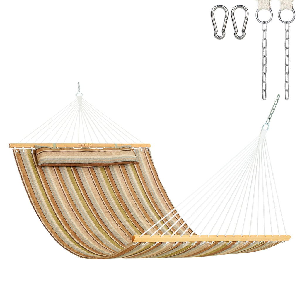Lazy Daze Double Quilted Hammock with Pillow and Carabiners, Vivid Stripe