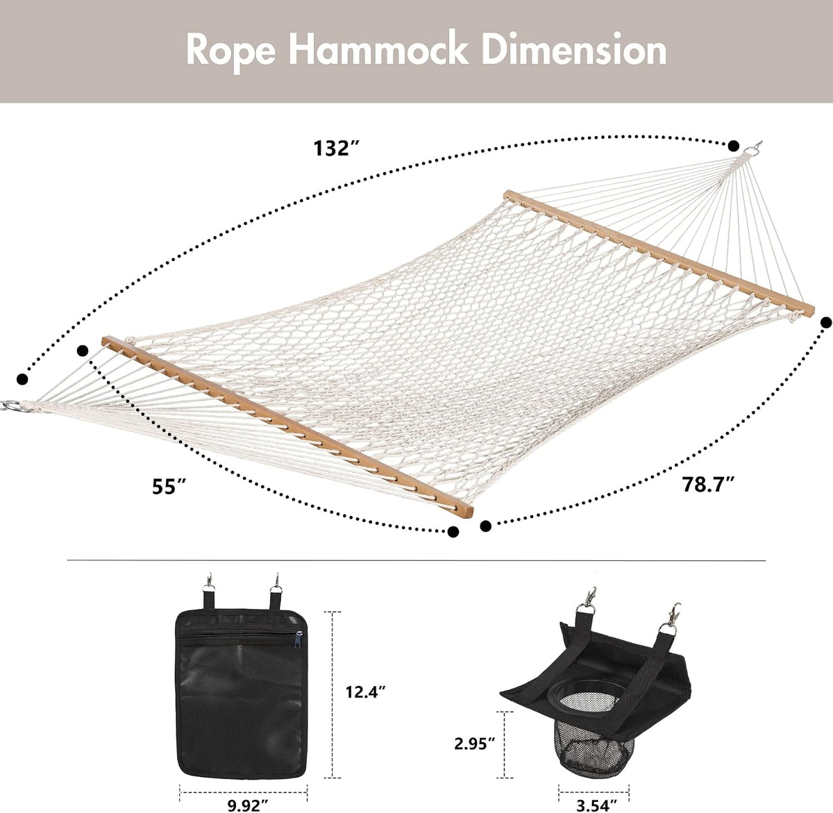 ANOW Double Rope Hammock with Spreader Bars and Carrying Bag, Natural