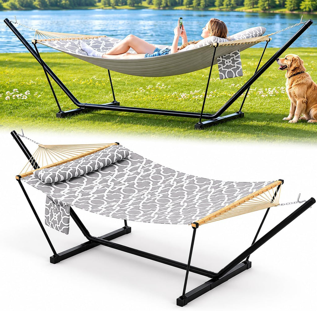 Heavy Duty Double Hammock with Stand, 450 LBS Capacity, Portable Frame