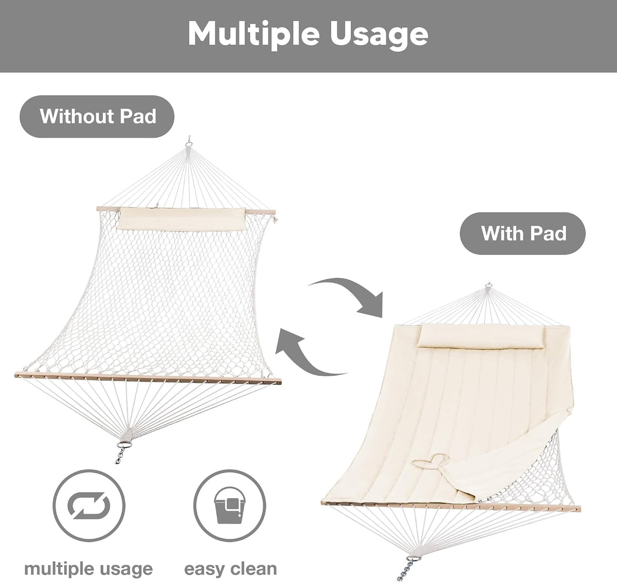 SUNCREAT 2 Person Hammock with Hardwood Spreader Bar, Outdoor Rope Hammock with Polyester Pad, 475 lbs Capacity, Beige