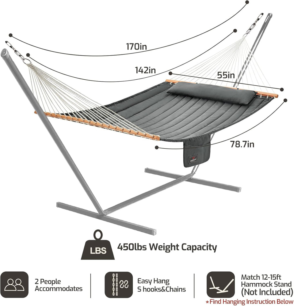 CHULIM Double Quilted Fabric Hammock with Hardwood Spreader Bars and Pillow 450 LBS Capacity 2 Person Large Hammock for Outdoor Patio Backyard Poolside - Dark Grey