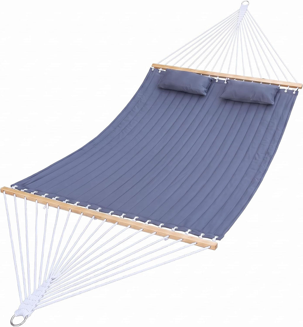 2 Person Double Quilted Hammock, Spreader Bars, 2 Pillows, Gray