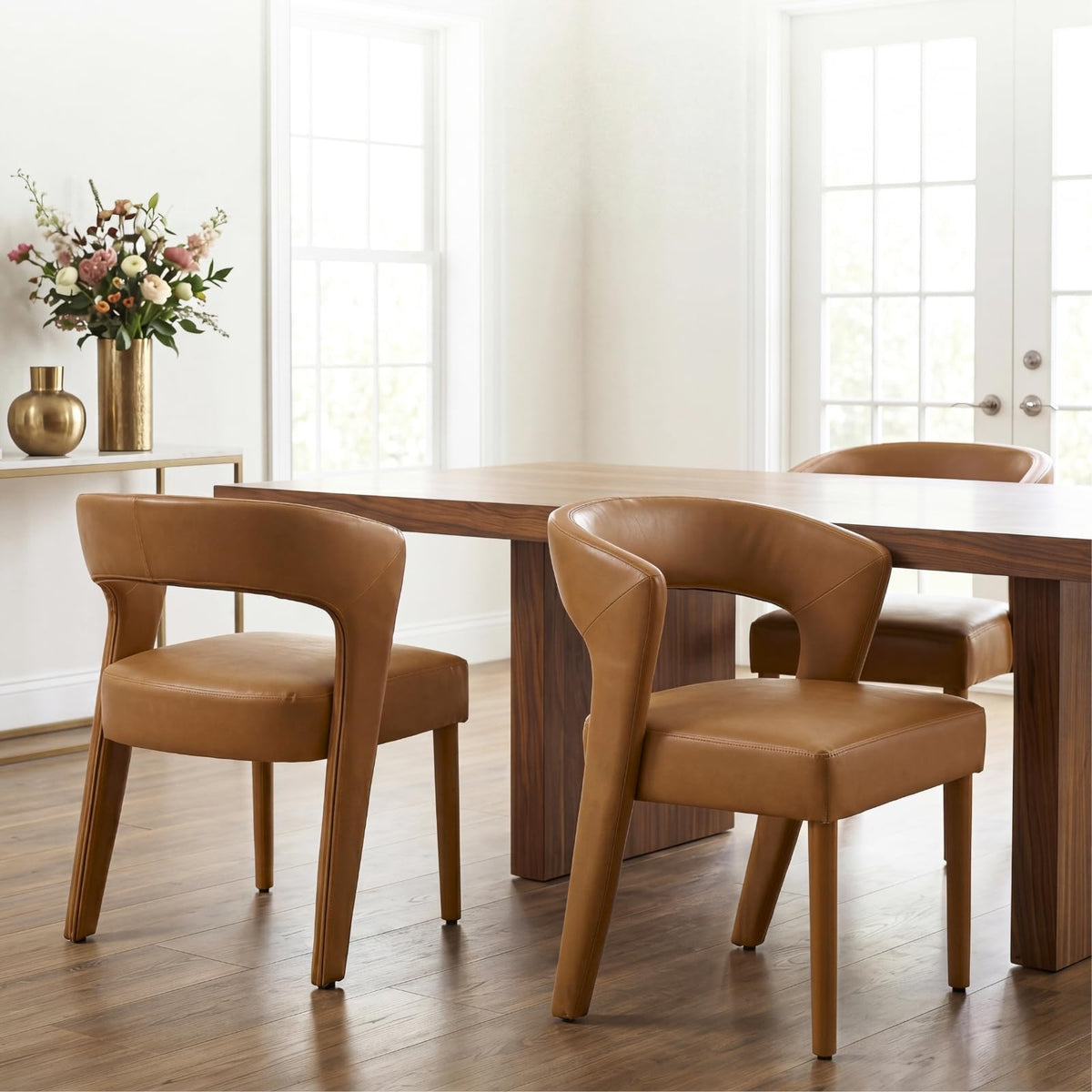 HNY Mid-Century Upholstered Dining Chairs Set of 6, Modern Brown Faux Leather Dining Room Chairs Curved Open Back Accent Side Chairs with Solid Wood Legs for Kitchen Living Room, Brown