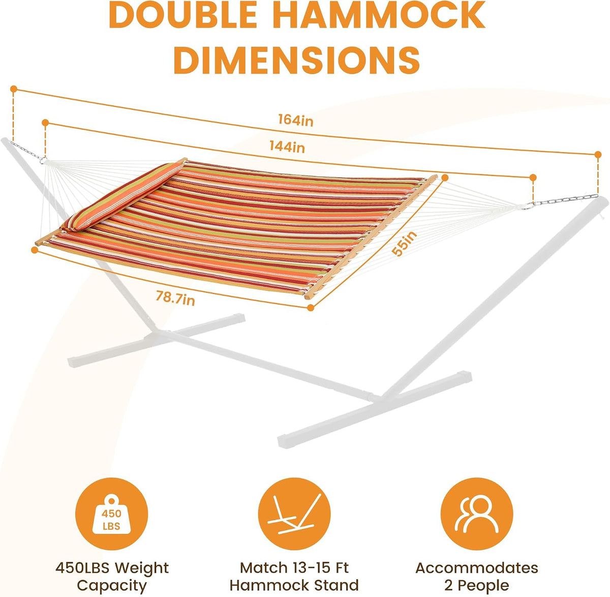 Lazy Daze Double Quilted Hammock with Pillow and Carabiners, Vivid Stripe