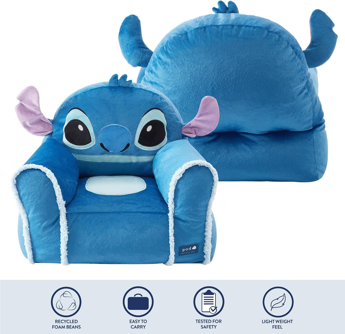 Disney Stitch Figural Bean Bag Sofa Chair with Armrests, Soft & Comfortable Kids Lounge Chair for Bedroom & Playroom, Ages 3+