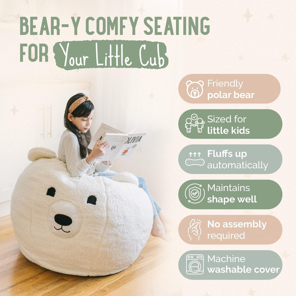 Kids Bean Bag Chair - Soft Sherpa and Memory Foam Stuffed Animal Beanbag Seat for Boys and Girls - Cozy Polar Bear Reading Nook - Comfortable Lounger, Bedroom Furniture, or Playroom Addition
