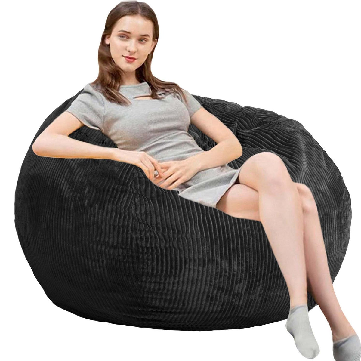Fluffy Bean Bag Chair for Kids, 2.5FT Round Memory Foam Filled Bean Bag for Teens & Kids, Ultra Soft Faux Fur Fabric Bean Bag Chairs for Playroom, Living Room, Bedroom, Dark Green