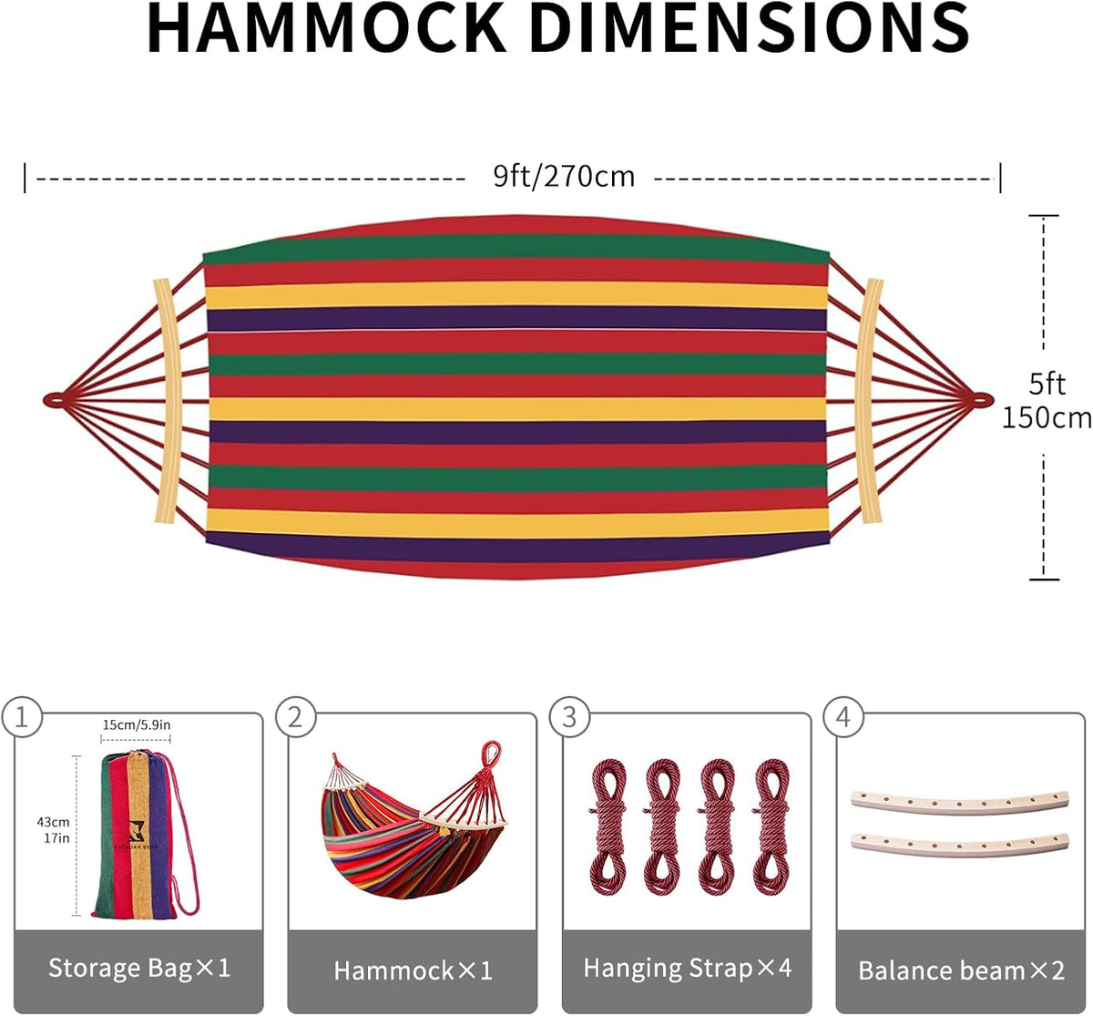 Hammock, Cotton Canvas Hammock Portable Camping Hammock with Carrying Bag Two Anti Roll Balance Beam Metal Carabiner Ropes and Tree StrapsSuit for Indoor,Yard,Camping,Outdoor-Rainbow