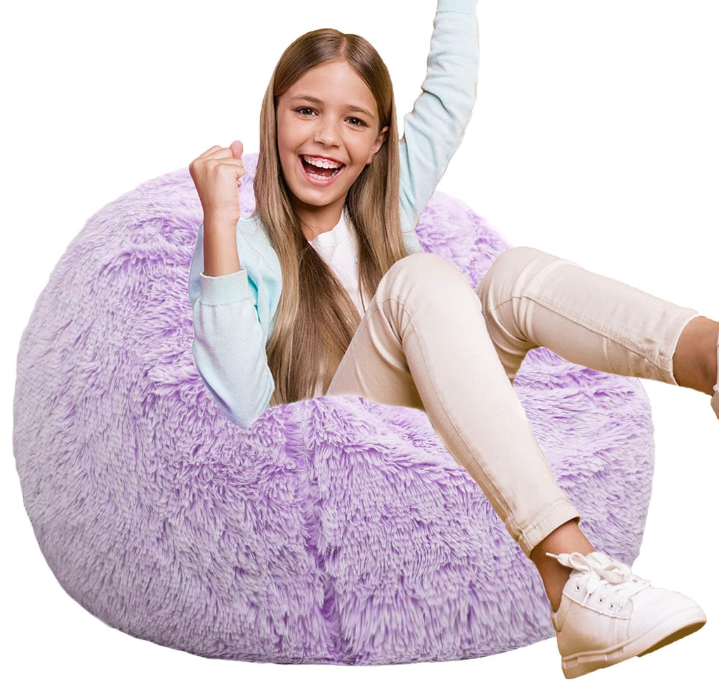 Fluffy Bean Bag Chair for Kids, 2.5FT Round Memory Foam Filled Bean Bag for Teens & Kids, Ultra Soft Faux Fur Fabric Bean Bag Chairs for Playroom, Living Room, Bedroom,Pink