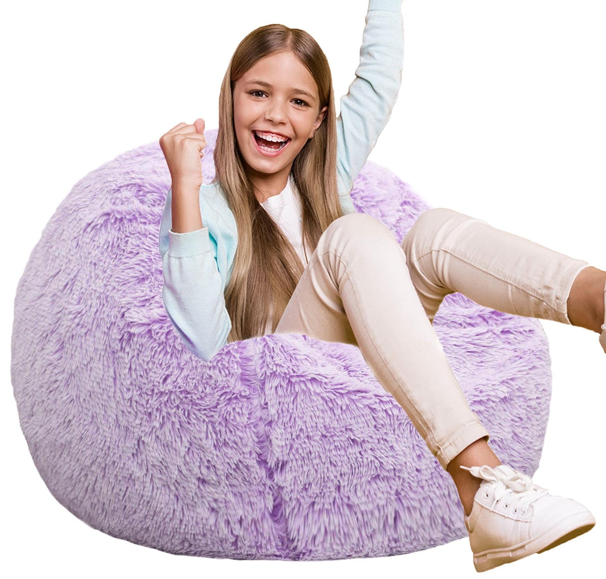Fluffy Bean Bag Chair for Kids, 2.5FT Round Memory Foam Filled Bean Bag for Teens & Kids, Ultra Soft Faux Fur Fabric Bean Bag Chairs for Playroom, Living Room, Bedroom,Pink